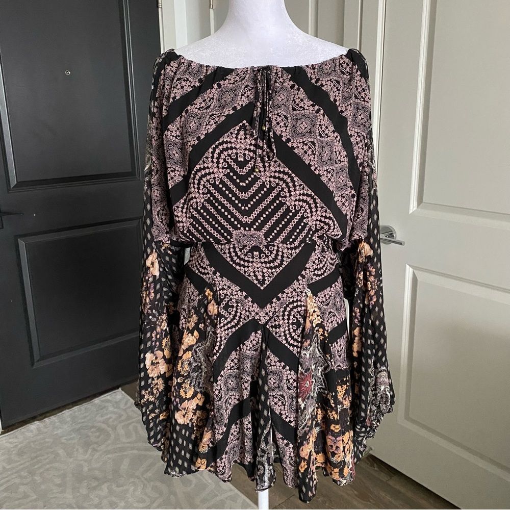 NWOT Free People Seven Wonders Mini Dress in Black Combo Print Size L
